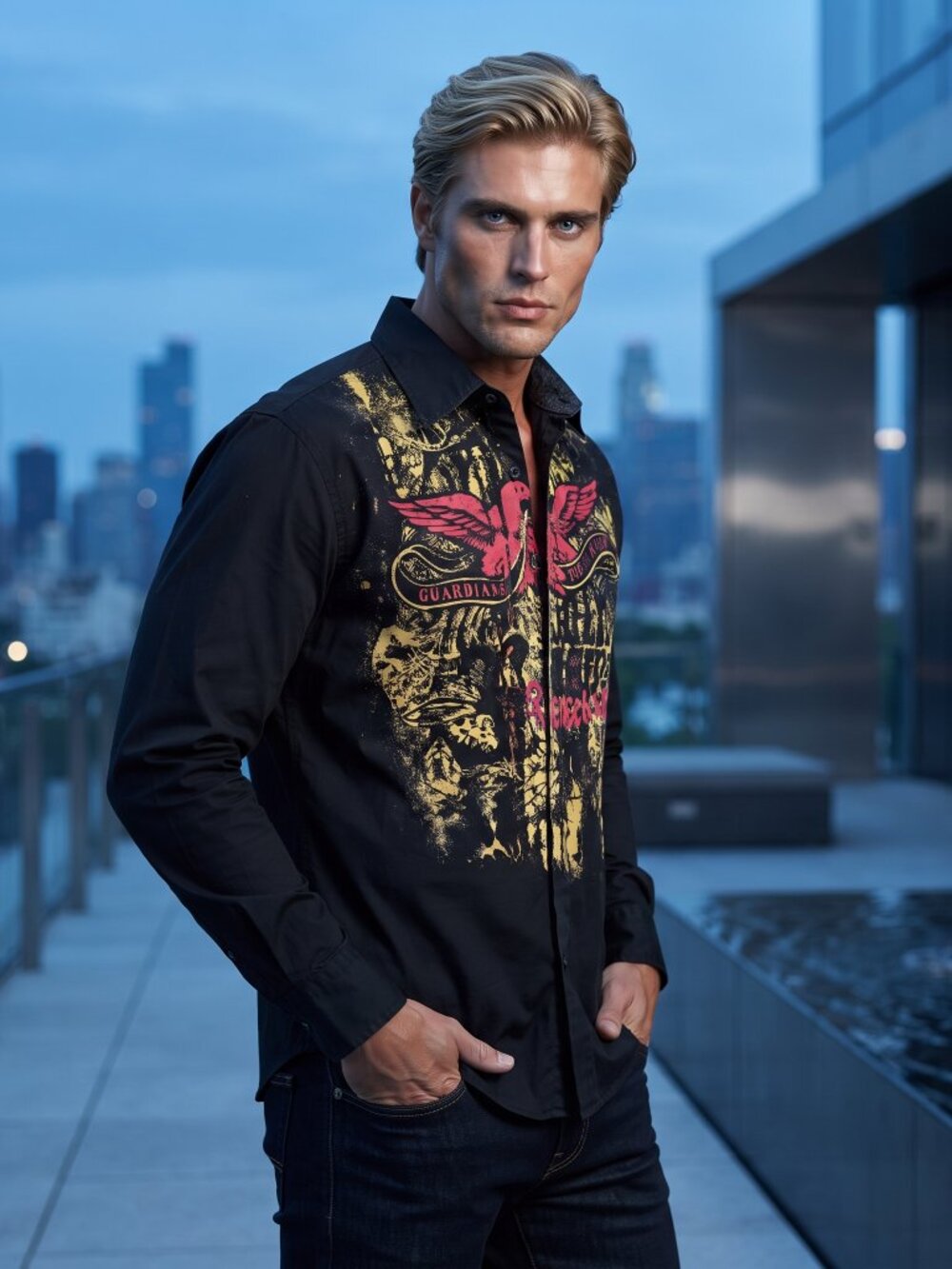 International Male Mens M Black Graphic Button Down Shirt Y2K Rocker Gothic